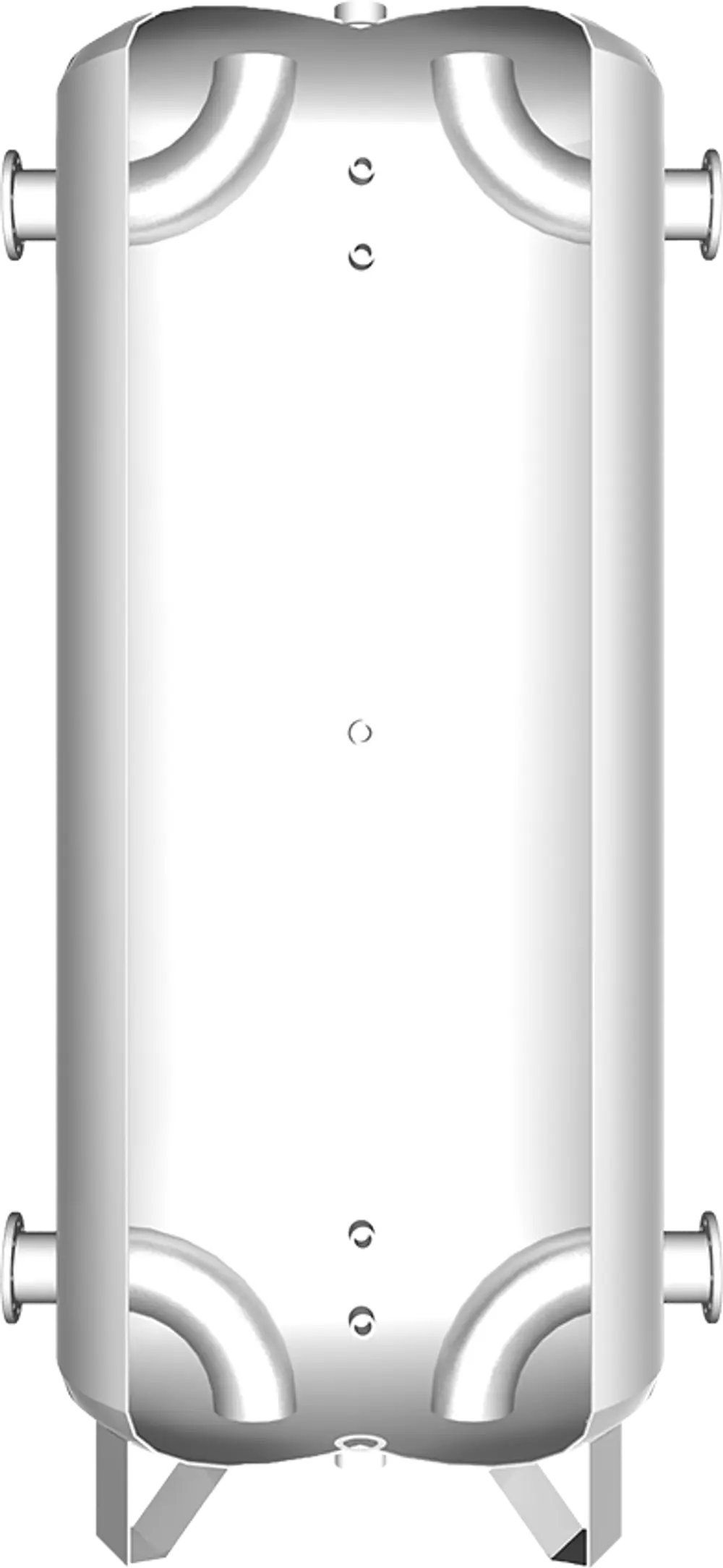 Vertikaler Pufferspeicher von Juratherm, ohne Anbauteile, mit zwei Anschlüssen für Kaltwasser und gestütztem Standfuß, in schlichter, metallischer Optik.